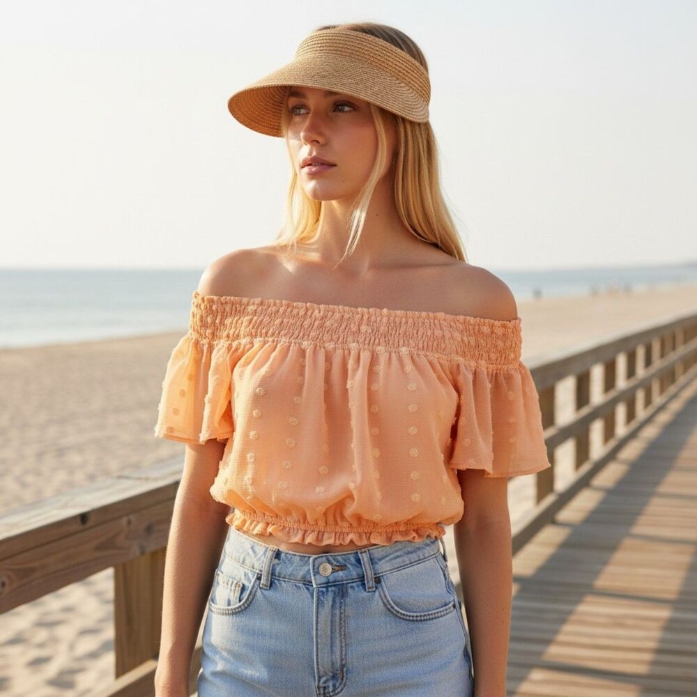 Cato Swiss Dot Off The Shoulder Top XS Peach Smocked Crop Blouse Boho